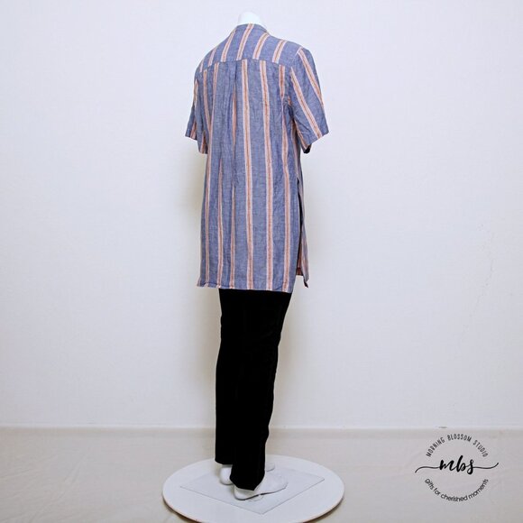 A.L.C. Striped V Neck Short Sleeve Linen Blend Long Tunic - Picture 3 of 9